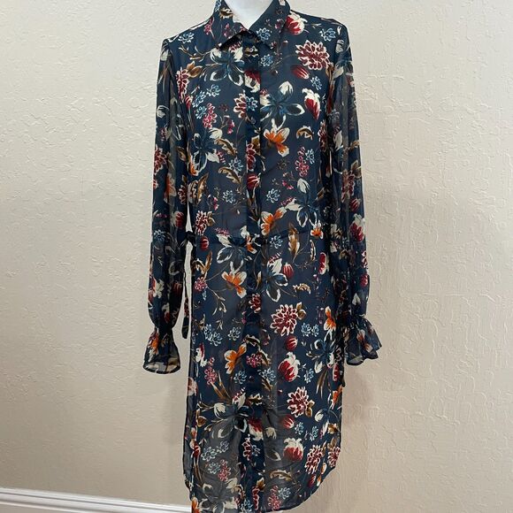 ~ ZARA  Sheer* XS Tunic Blouse/Dress Floral Botanical Boho Button Up Long Sleeve - Picture 5 of 16